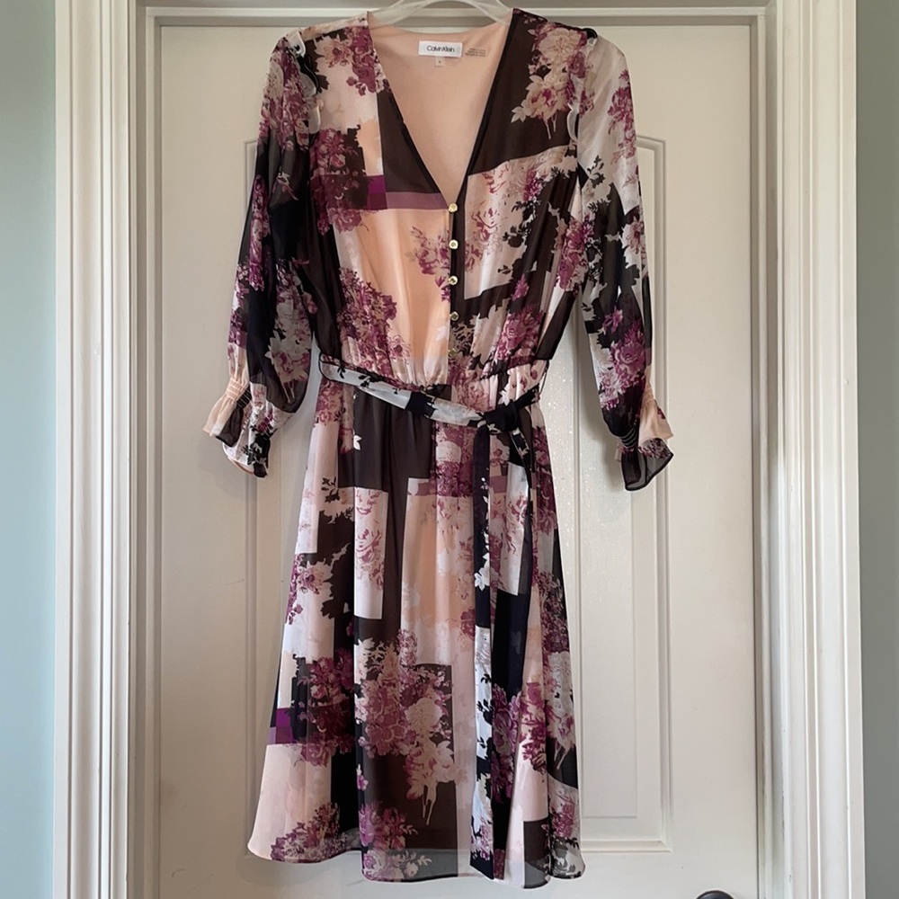 Calvin Klein Floral V-neck Pink & Black Dress 6